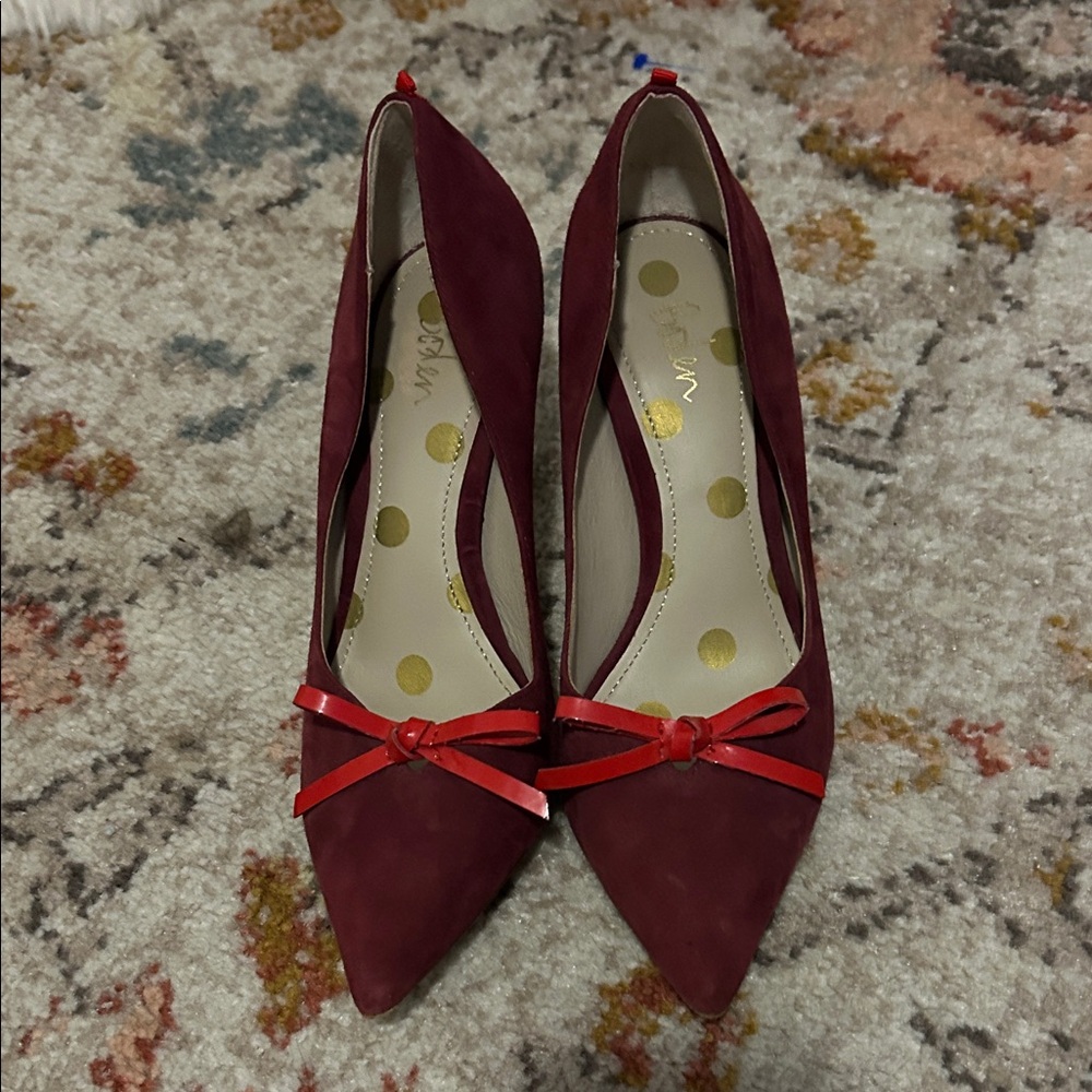 Boden Burgundy Heels with Red Bow